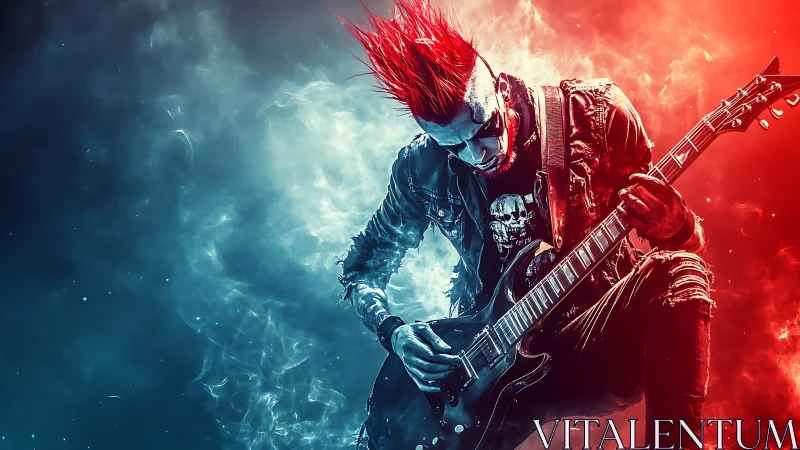 Punk guitarist shreds amid split red and blue smoke light