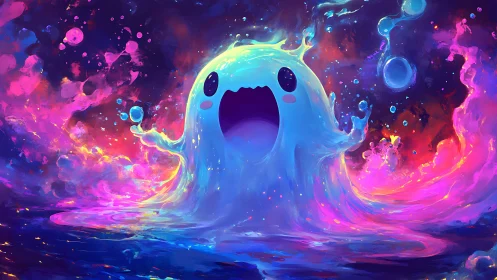 Cosmic slime spirit erupts amid neon galactic waves