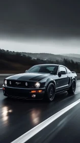 Midnight Mustang slices wet asphalt beneath storm-heavy skies