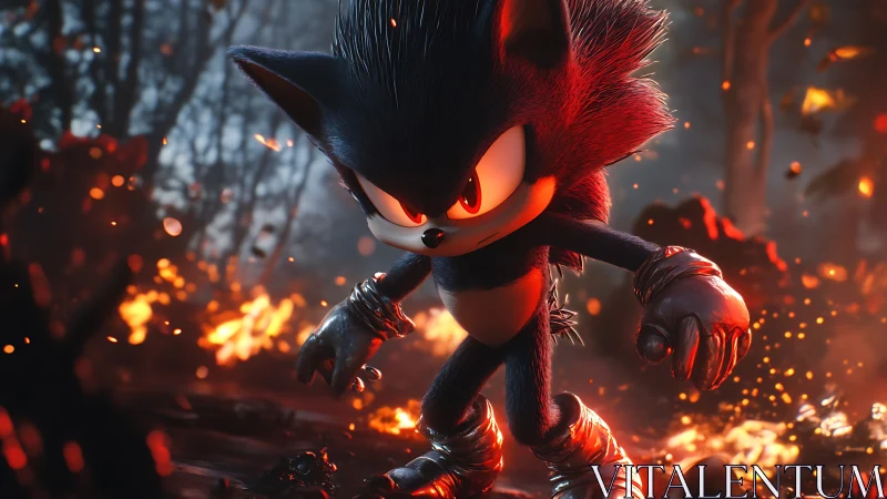 Dark cartoon hedgehog stands in burning forest scene