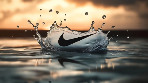 Nike style swoosh shape forming in dramatic water splash.