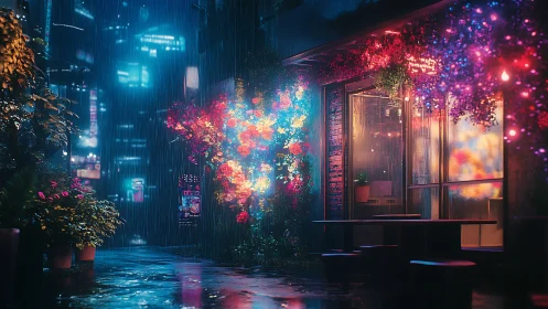 Neon drenched alleyway garden with emissive rain reflections.