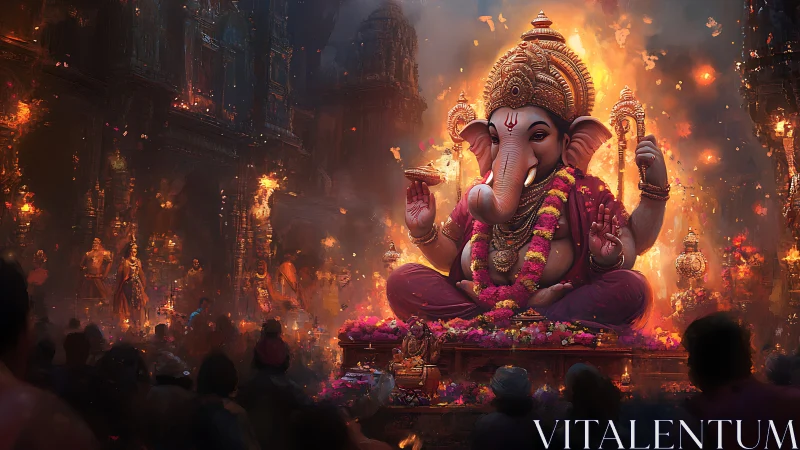 Large Ganesha idol glows amid crowded temple festival.