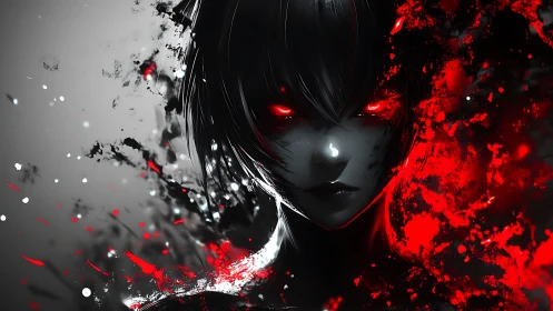 Crimson-eyed shadow warrior emerging from swirling chaos.