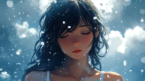 Girl with closed eyes stands in soft blue atmospheric light