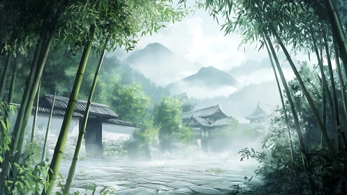 Mist-layered bamboo courtyard frames distant temple roofs