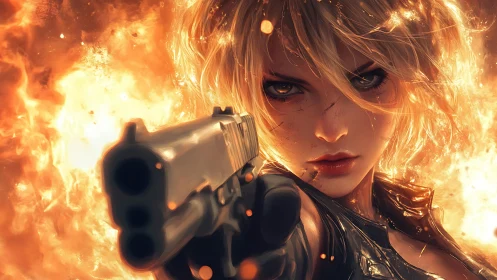Blonde armed subject against large background explosion.