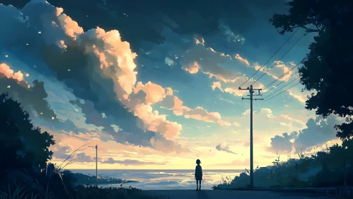 Solitary figure on coastal road under sunset clouds.