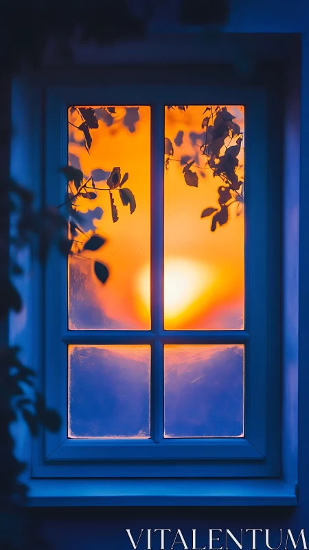 Twilight window ablaze with citrus glow and quiet leaves.