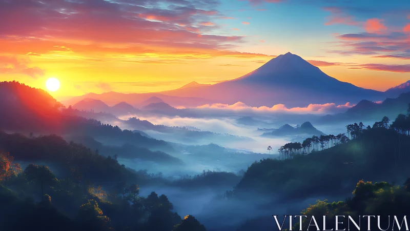 Sunrise drapes molten color across misty mountain kingdoms