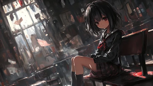 Backlit anime schoolgirl in chaotic classroom with dynamic lighting