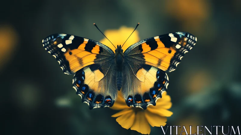 Butterfly rests on yellow flower with wings fully extended