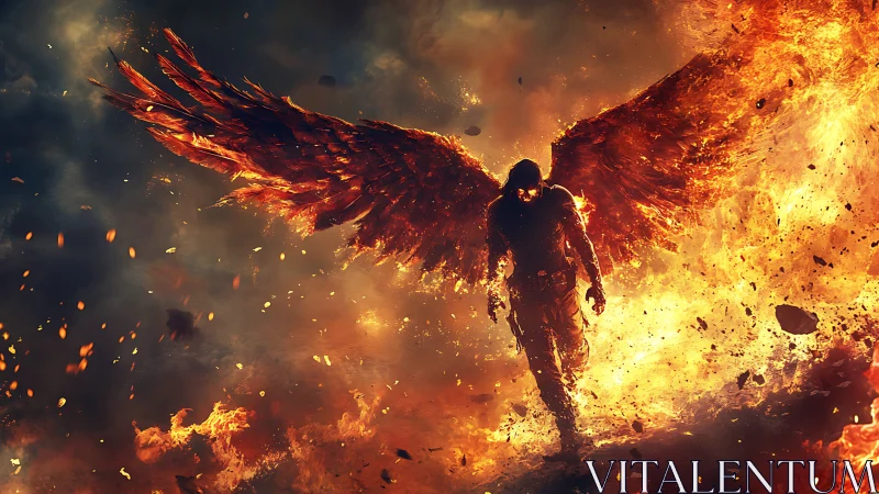 Winged humanoid figure walks through dense digital fire field
