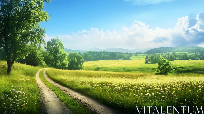 Country lane curves through sunlit wildflower meadows under blue sky.