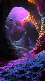 Luminous cave river winding through neon dream tunnels.