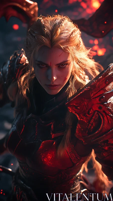 Volcanic-lit warrior in infernal red plate armor.