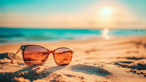 Sunglasses resting on warm sand at a bright beach sunset.