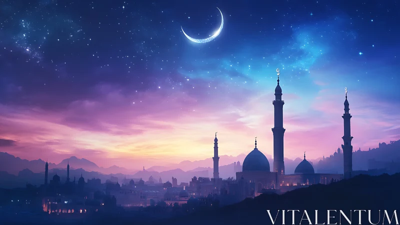 Digital painting of crescent moon above twilight mosque skyline.