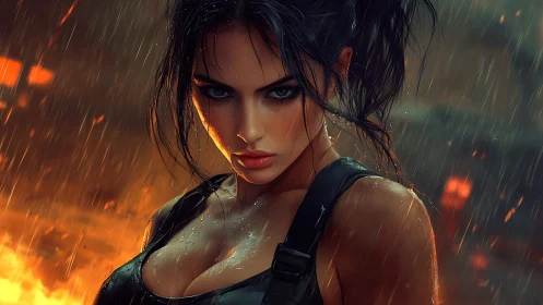 Rain-soaked action heroine rendered in cinematic digital painting