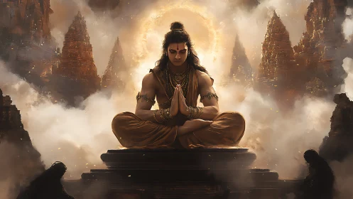 Divine warrior meditates amid ethereal temple spires in mist