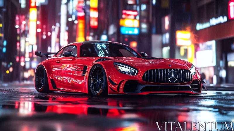 Sleek red sports car dominates neon soaked city street at night.