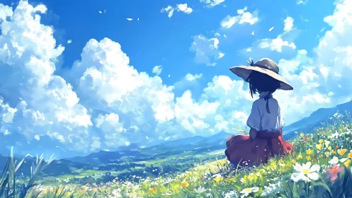 Girl in straw hat sitting in bright wildflower meadow.