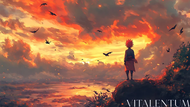 Quiet sunset warrior gazing toward a glowing, endless sky.