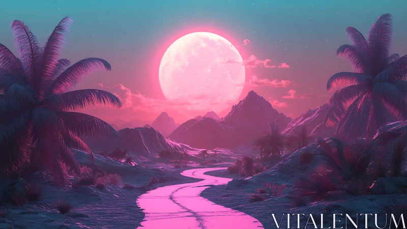 Neon moonrise bathes surreal tropical valley in pink light.