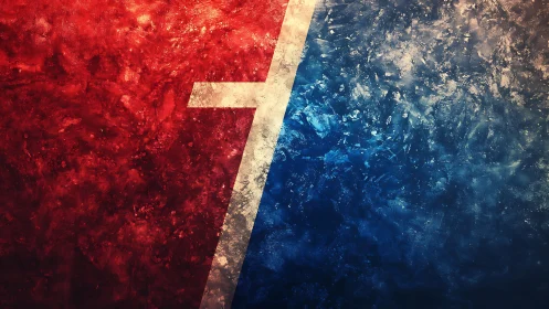 Abstract red and blue textured split background with bold stripe.