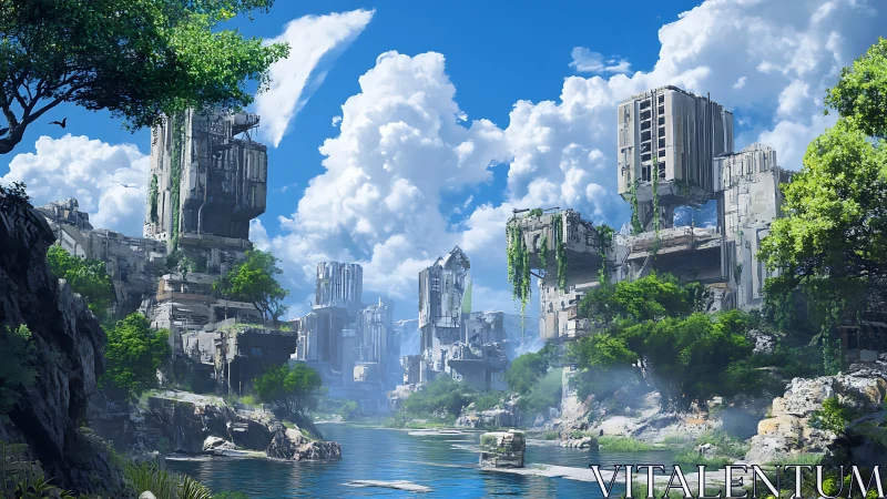 Quiet river through sunlit ruins of a reclaimed future city.