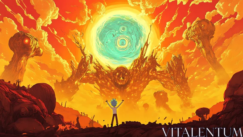 Cosmic wanderer greeting a blazing otherworldly titan.