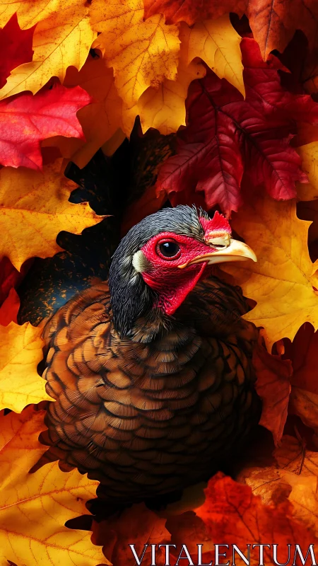 Pheasant positioned among autumn maple leaves in warm lighting