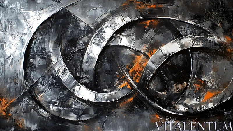 Interlocking Metallic Rings in Abstract Industrial Style Painting.