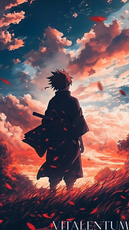 Lone wanderer beneath a glowing red and gold sky at dusk.