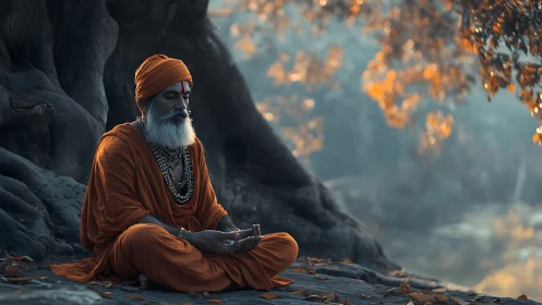 Peaceful monk in orange robes resting by ancient tree roots.