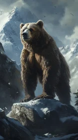 Mountain king bear surveys stormlit, snow-steeped peaks.