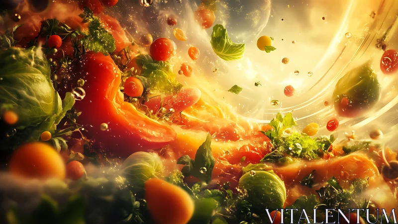 Vibrant vegetables swirl through golden cosmic light