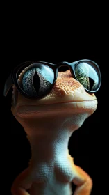 CGI gecko character wearing reflective black glasses.