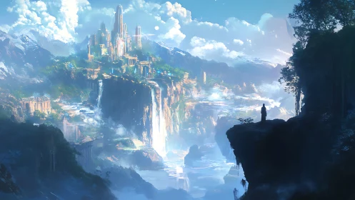 Glistening cliffside kingdom bathed in soft morning light.