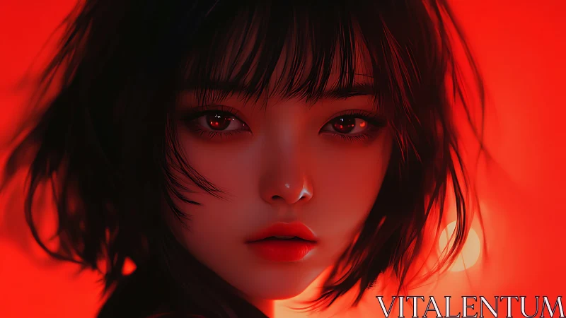 Red-lit anime girl stares forward with glossy intensity