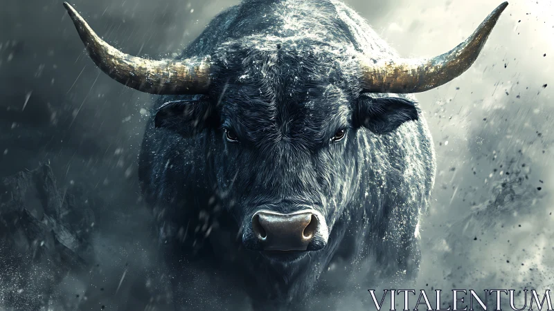 Charging bull in storm with dramatic lighting and motion.