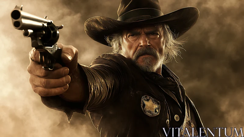 Grizzled desert lawman aims iron justice through dust storm.