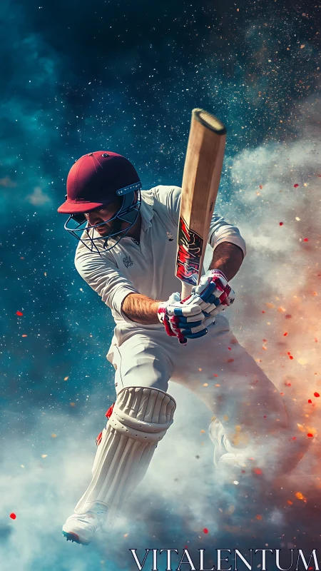 Cricket batsman drives ball through explosive swirling smoke