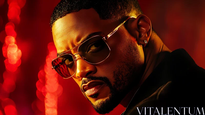 Stylized portrait shows man in sunglasses under vivid red bokeh