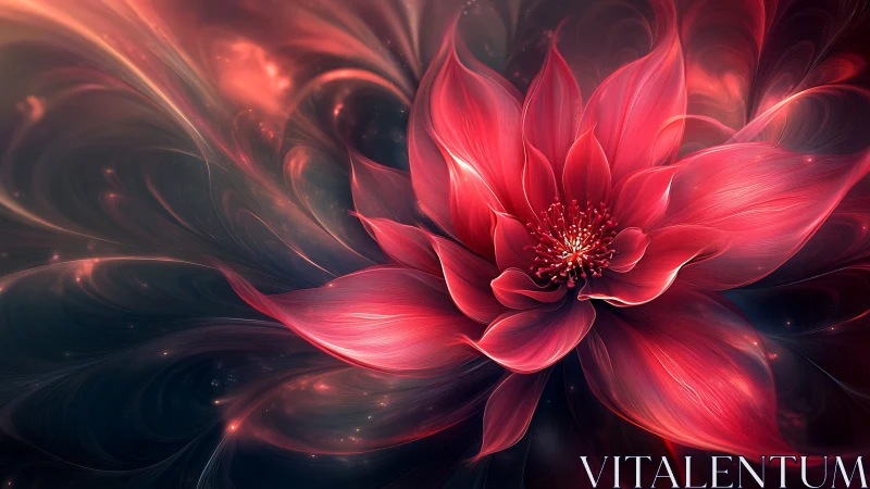 Digital render of red abstract flower on dark background.