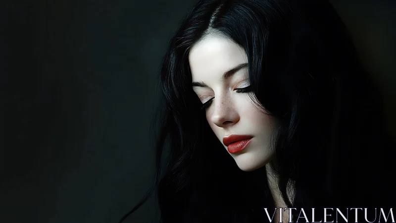 Soft side-lit portrait of woman with black hair and red lips.