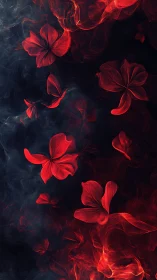 Red abstract petals float over dark smoky digital background