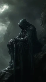 Brooding dark knight rests on a cliff of stormlit shadows.