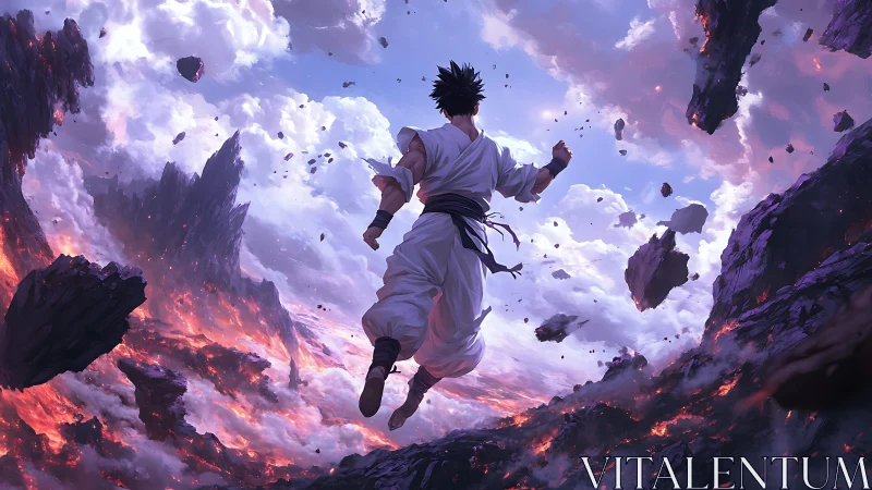 Martial artist levitates over erupting volcanic chasm