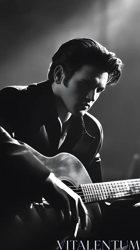 Monochrome portrait shows guitarist seated in directional light